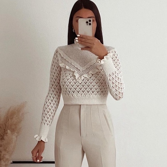 ZARA CROCHET POINTELLE RUFFLE SWEATER - Picture 2 of 10